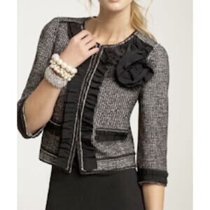 Ann Taylor 8 P Blazer Jacket Black Tweed Ruffle Chiffon Trim Clueless preppy gor